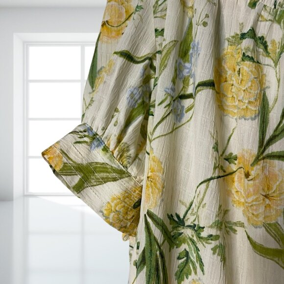 Rose + Olive Floral Blouse Top Cottagecore Yellow Red Green Tie Sleeves Size M - Picture 6 of 12